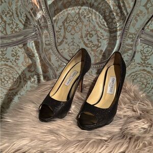 Jimmy Choo Black Sparkle Peep Toe Platform Pumps